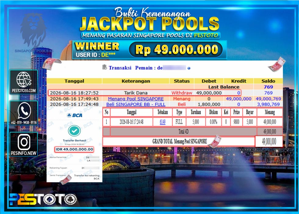 HANYA DI PESTOTO JP PASTI DI BAYAR LUNAS DAN CEPAT!! JP TOGEL { SINGAPORE POOLS } RP 49.000.000 !!!!