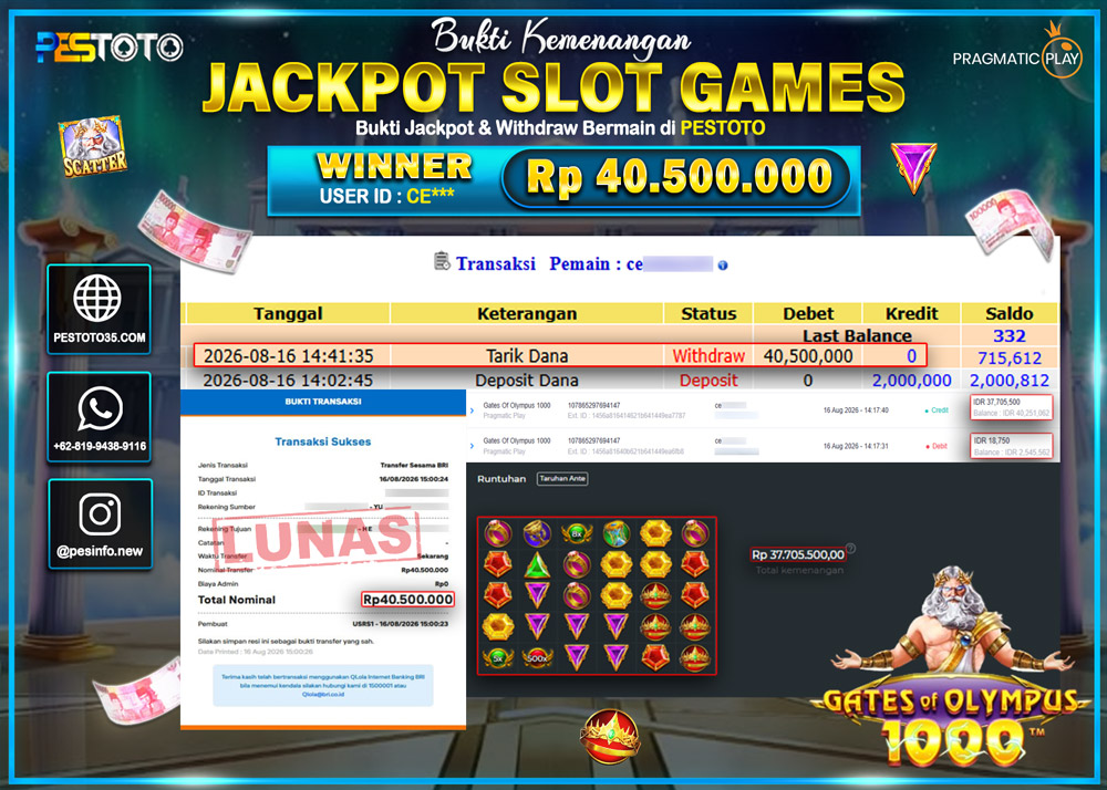 HANYA DI PESTOTO JP PASTI DI BAYAR LUNAS DAN CEPAT!! JP SLOT GAMES { GATES OF OLYMPUS 1000 } RP 40.500.000 !!!!