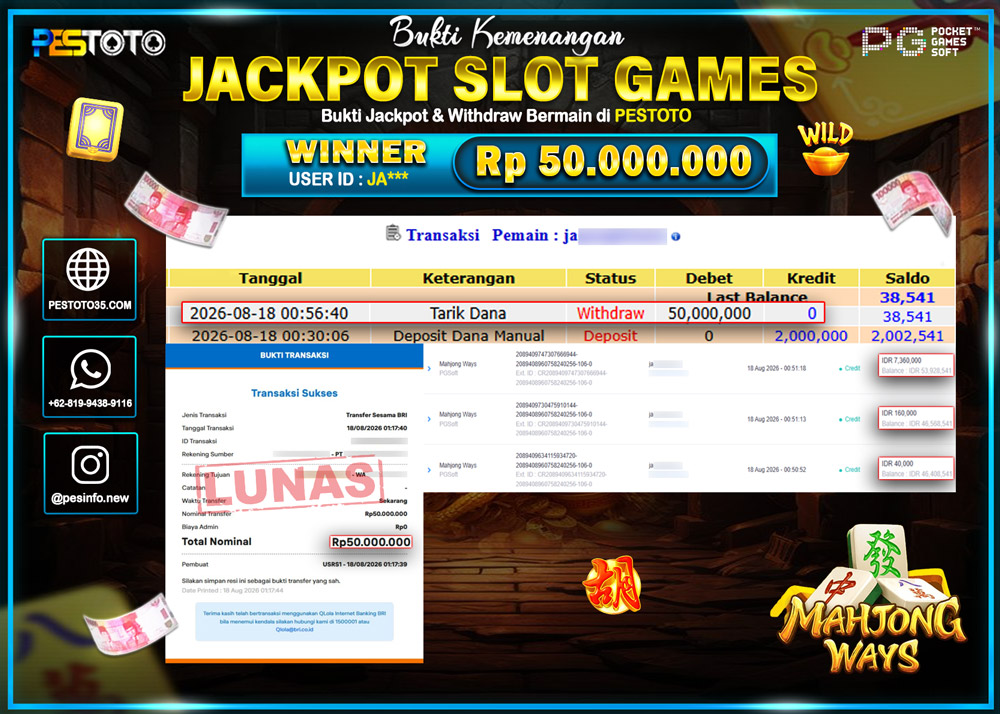 HANYA DI PESTOTO JP PASTI DI BAYAR LUNAS DAN CEPAT!! JP SLOT GAMES { MAHJONG WAYS } RP 50.000.000 !!!!