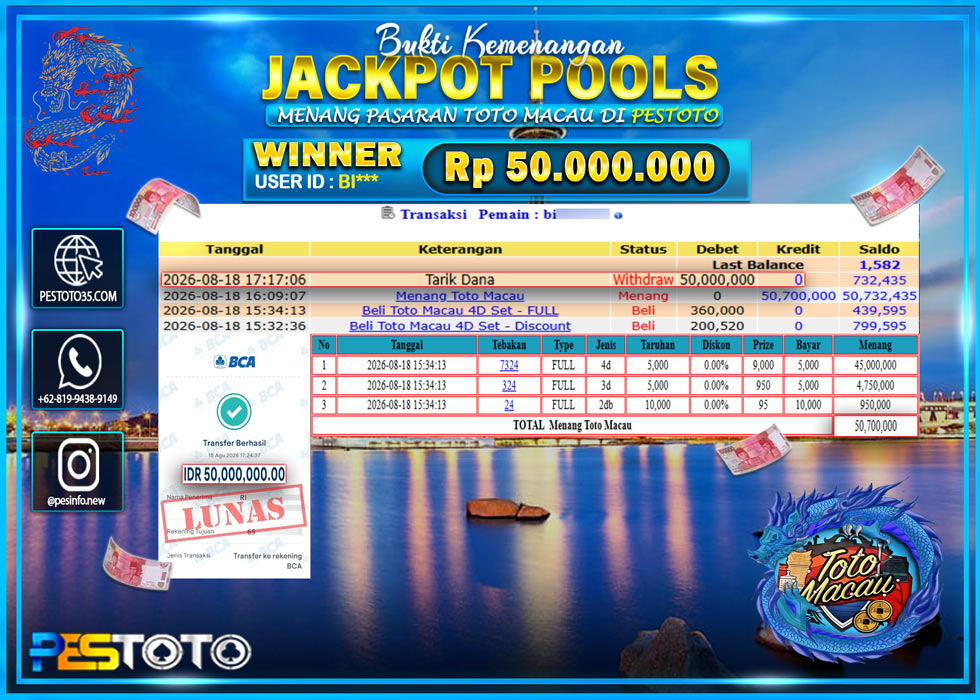 HANYA DI PESTOTO JP PASTI DI BAYAR LUNAS DAN CEPAT!! JP TOGEL { MENANG  TOTOMACAU 4D } RP 50.000.000  !!!!