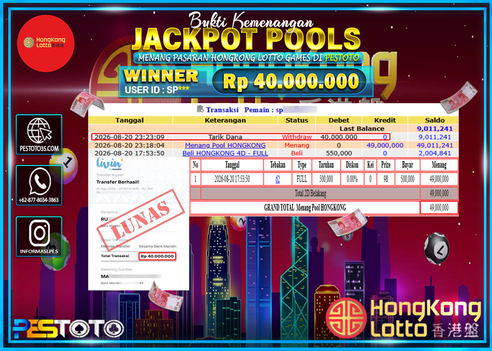 HANYA DI PESTOTO JP PASTI DI BAYAR LUNAS DAN CEPAT!! JP TOGEL { HONGKONG LOTTO } RP 40.000.000  !!!!