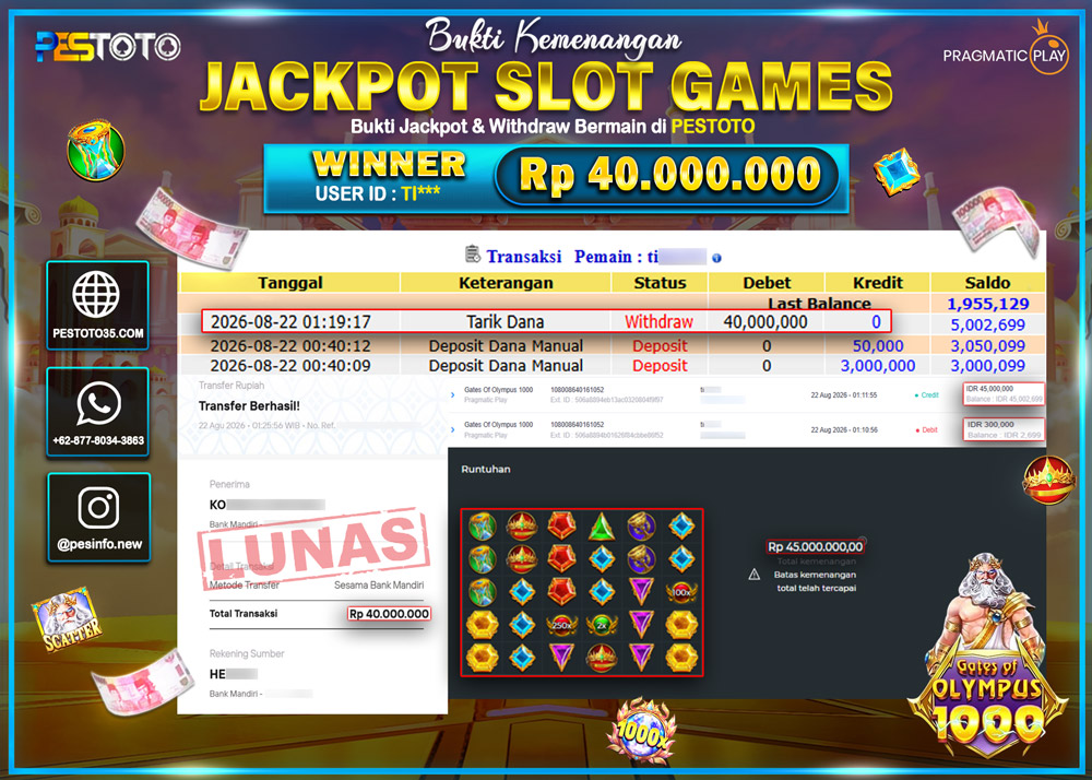 HANYA DI PESTOTO JP PASTI DI BAYAR LUNAS DAN CEPAT!! JP SLOT GAMES { GATES OF OLYMPUS 1000 } RP 40.000.000  !!!!