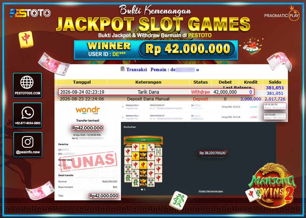 HANYA DI PESTOTO JP PASTI DI BAYAR LUNAS DAN CEPAT!! JP SLOT GAMES { MAHJONG WINS 2 } RP 42.000.000  !!!!