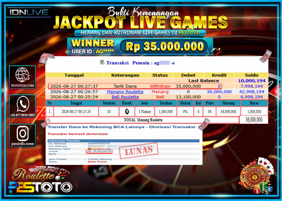 HANYA DI PESTOTO JP PASTI DI BAYAR LUNAS DAN CEPAT!! JP LIVE GAMES { ROULETTE } RP 35.000.000 !!!