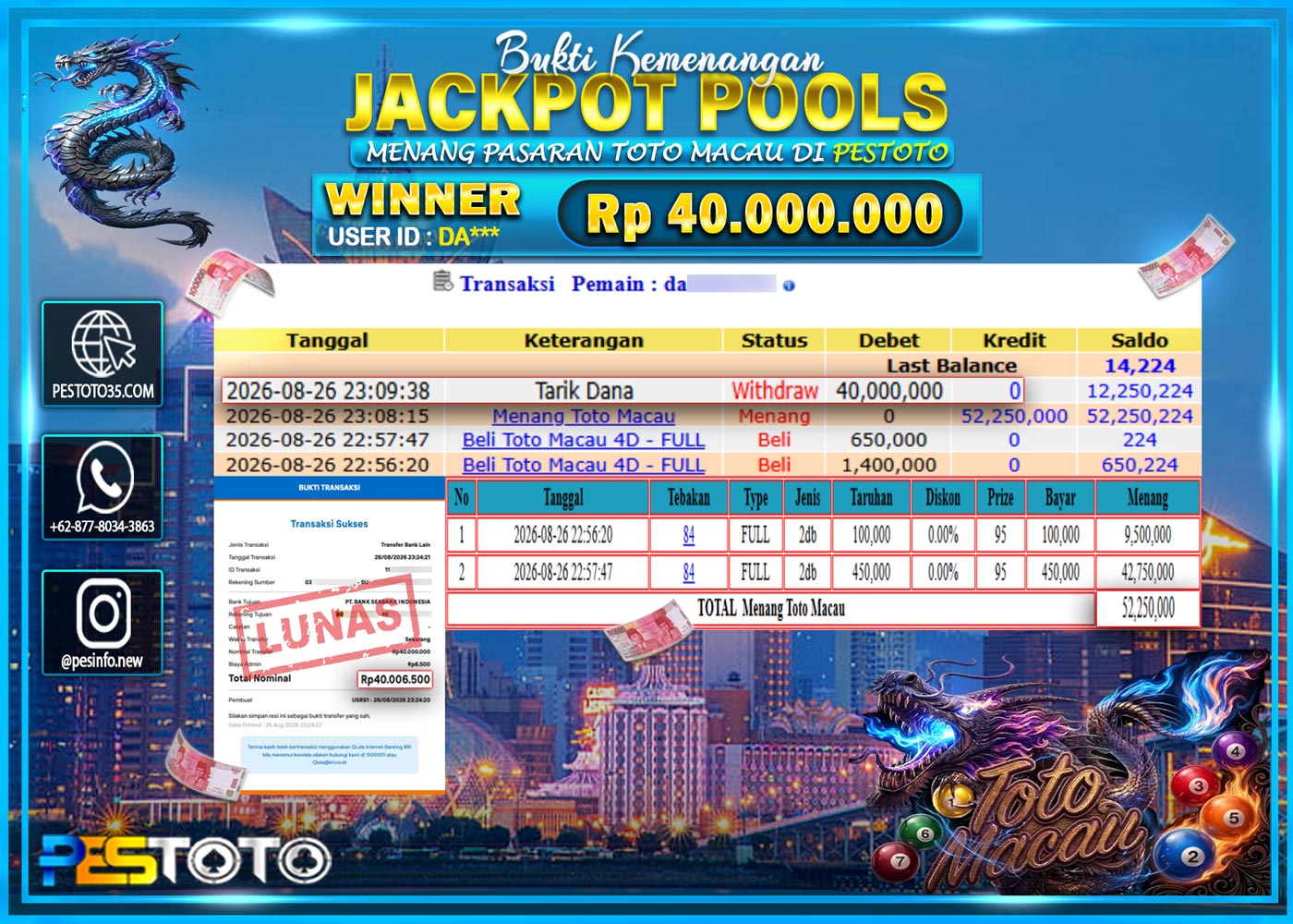 HANYA DI PESTOTO JP PASTI DI BAYAR LUNAS DAN CEPAT!! JP TOGEL { TOTO MACAU } RP 40.000.000 !!!