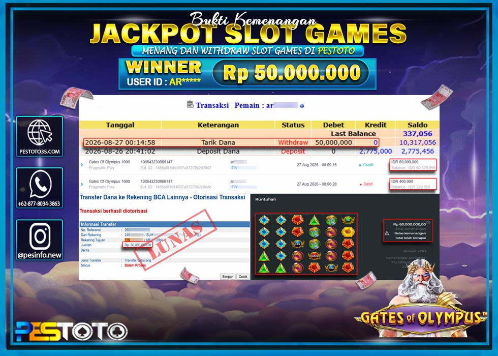 HANYA DI PESTOTO JP PASTI DI BAYAR LUNAS DAN CEPAT!! JP SLOT  GAMES { GATES OF OLYMPUS 1000 } RP 50.000.000!!!