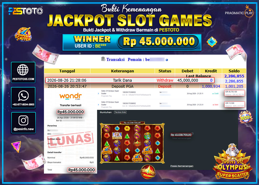 HANYA DI PESTOTO JP PASTI DI BAYAR LUNAS DAN CEPAT!! JP SLOT GAMES { GATES OF OLYMPUS SUPER SCATTER } RP 45.000.000 !!!