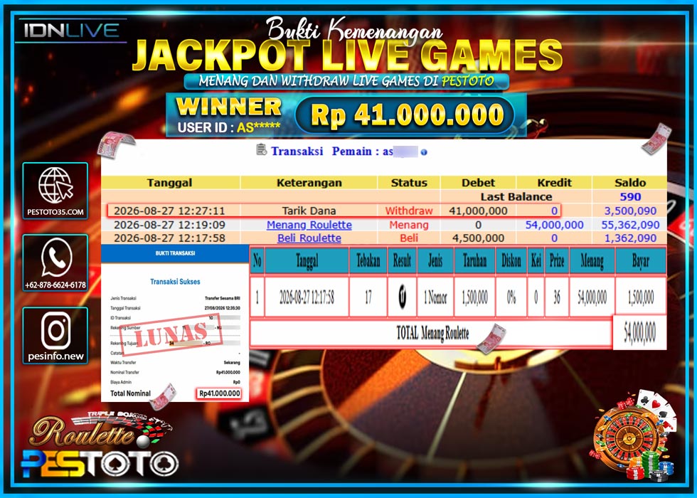 HANYA DI PESTOTO JP PASTI DI BAYAR LUNAS DAN CEPAT!! JP LIVE GAMES { ROULETTE } RP 41.000.000 !!!