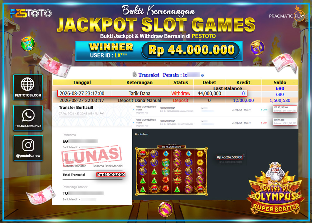 HANYA DI PESTOTO JP PASTI DI BAYAR LUNAS DAN CEPAT!! JP SLOT GAMES { GATES OF OLYMPUS SUPER SCATTER } RP 44.000.000 !!!