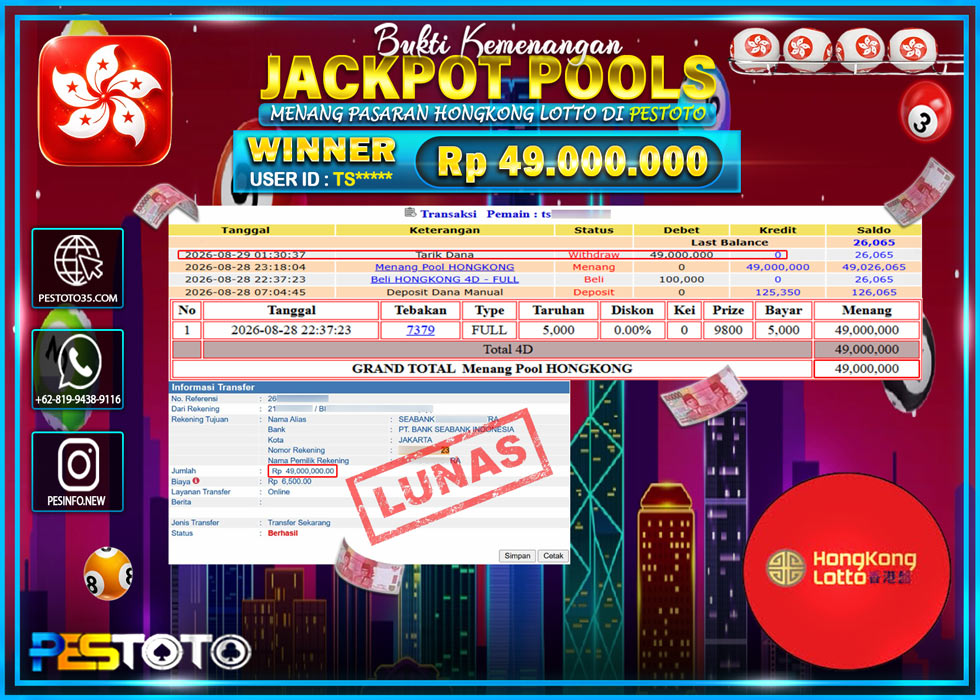 HANYA DI PESTOTO JP PASTI DI BAYAR LUNAS DAN CEPAT!! JP TOGEL { HONGKONG LOTTO } RP 49.000.000 !!!