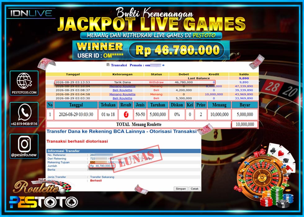 HANYA DI PESTOTO JP PASTI DI BAYAR LUNAS DAN CEPAT!! JP LIVE GAMES { ROULETTE } RP 46.780.000 !!!