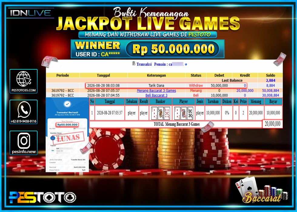 HANYA DI PESTOTO JP PASTI DI BAYAR LUNAS DAN CEPAT!! JP LIVE GAMES { BACCARAT} RP 50.000.000 !!!