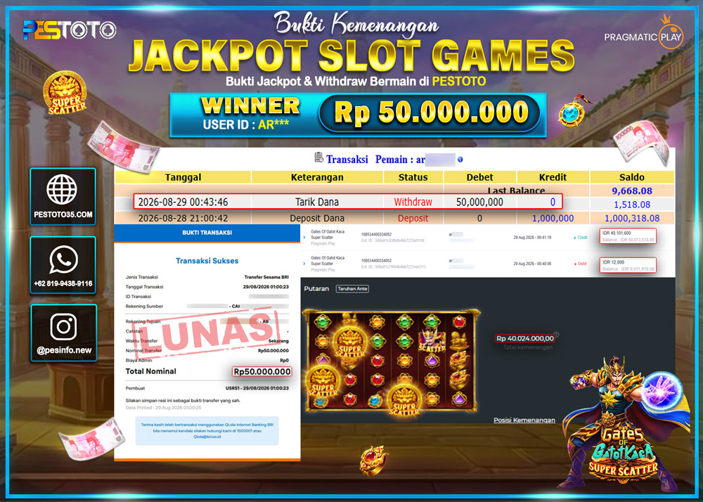 HANYA DI PESTOTO JP PASTI DI BAYAR LUNAS DAN CEPAT!! JP SLOT GAMES { GATES OF GATOT KACA SUPER SCATTER } RP 50.000.000 !!!