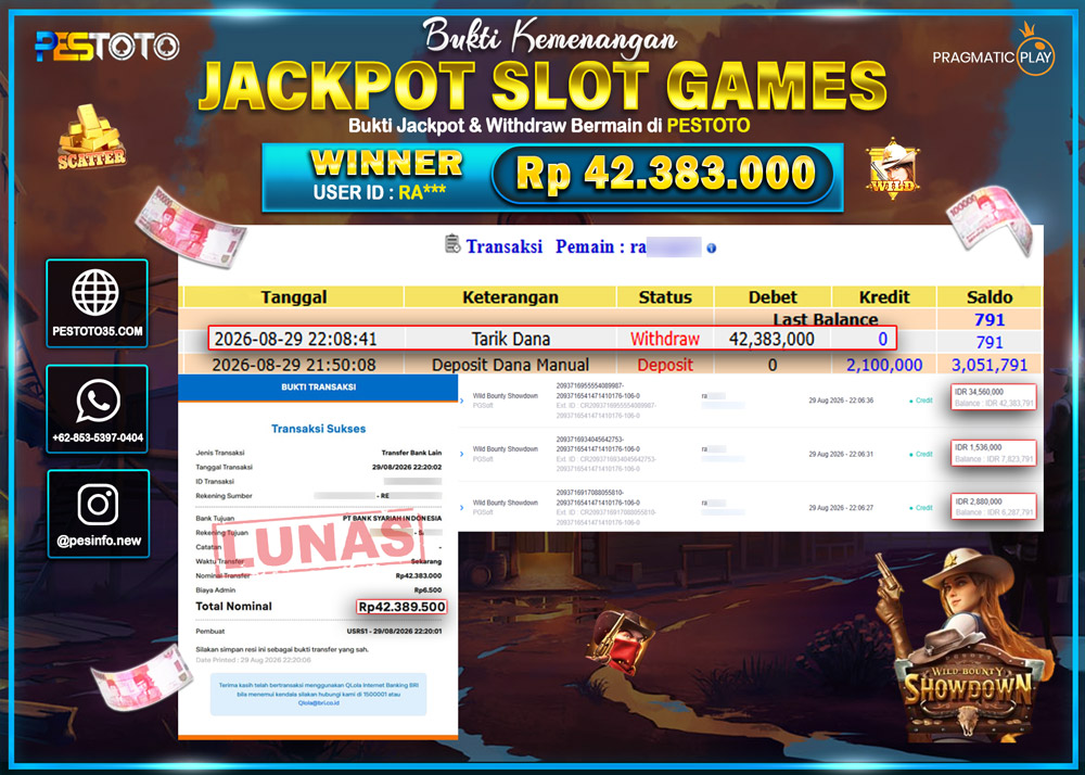 HANYA DI PESTOTO JP PASTI DI BAYAR LUNAS DAN CEPAT!! JP SLOT GAMES { WILD BOUNTY SHOWDOWN } RP 42.383.000 !!!