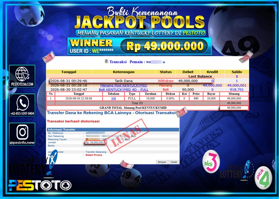 HANYA DI PESTOTO JP PASTI DI BAYAR LUNAS DAN CEPAT!! JP TOGEL { KENTUCKY LOTTERY } RP 49.000.000 !!!