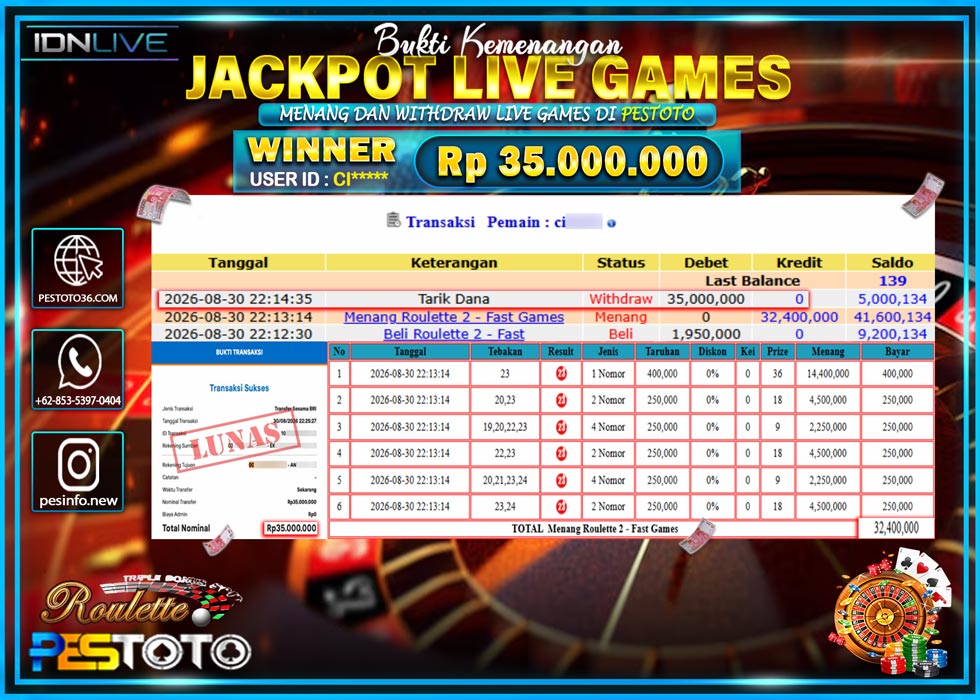HANYA DI PESTOTO JP PASTI DI BAYAR LUNAS DAN CEPAT!! JP LIVE GAMES { ROULETTE } RP 35.000.000 !!!