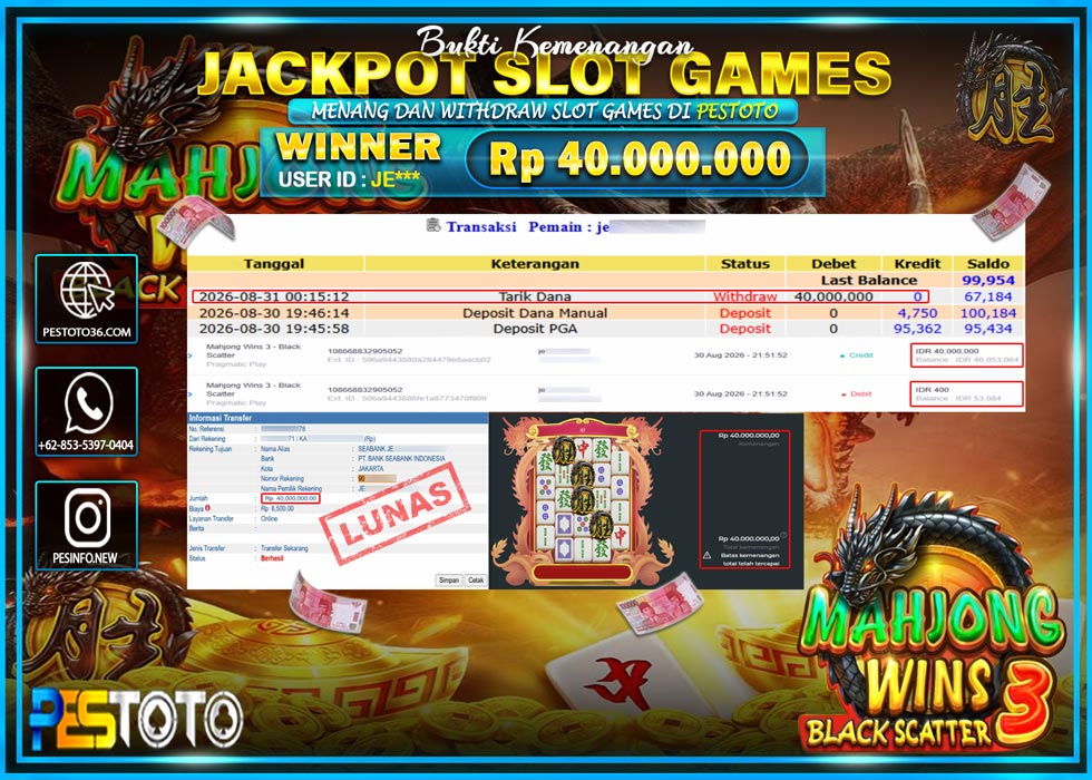 HANYA DI PESTOTO JP PASTI DI BAYAR LUNAS DAN CEPAT!! JP SLOT GAMES { MAHJONG WINS BLACK SCATTER 3 } RP 40.000.000 !!!