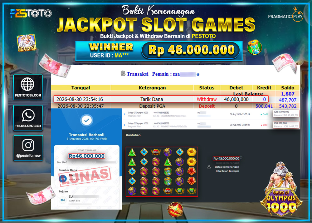 HANYA DI PESTOTO JP PASTI DI BAYAR LUNAS DAN CEPAT!! JP SLOT GAMES { GATES OF OLYMPUS 1000 } RP 46.000.000 !!!