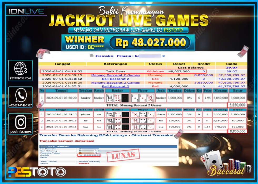 HANYA DI PESTOTO JP PASTI DI BAYAR LUNAS DAN CEPAT!! JP LIVE GAMES { BACCARAT } RP 48.027.000 !!!