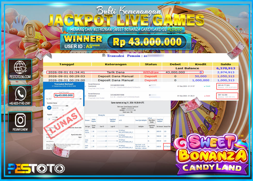 HANYA DI PESTOTO JP PASTI DI BAYAR LUNAS DAN CEPAT!! JP LIVE GAMES { SWEET BONANZA CANDYLAND } RP 43.000.000 !!!