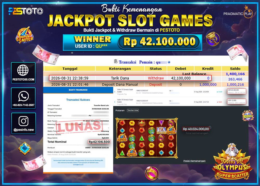 HANYA DI PESTOTO JP PASTI DI BAYAR LUNAS DAN CEPAT!! JP SLOT GAMES { GATES OF OLYMPUS SUPER SCATTER } RP 42.100.000 !!!