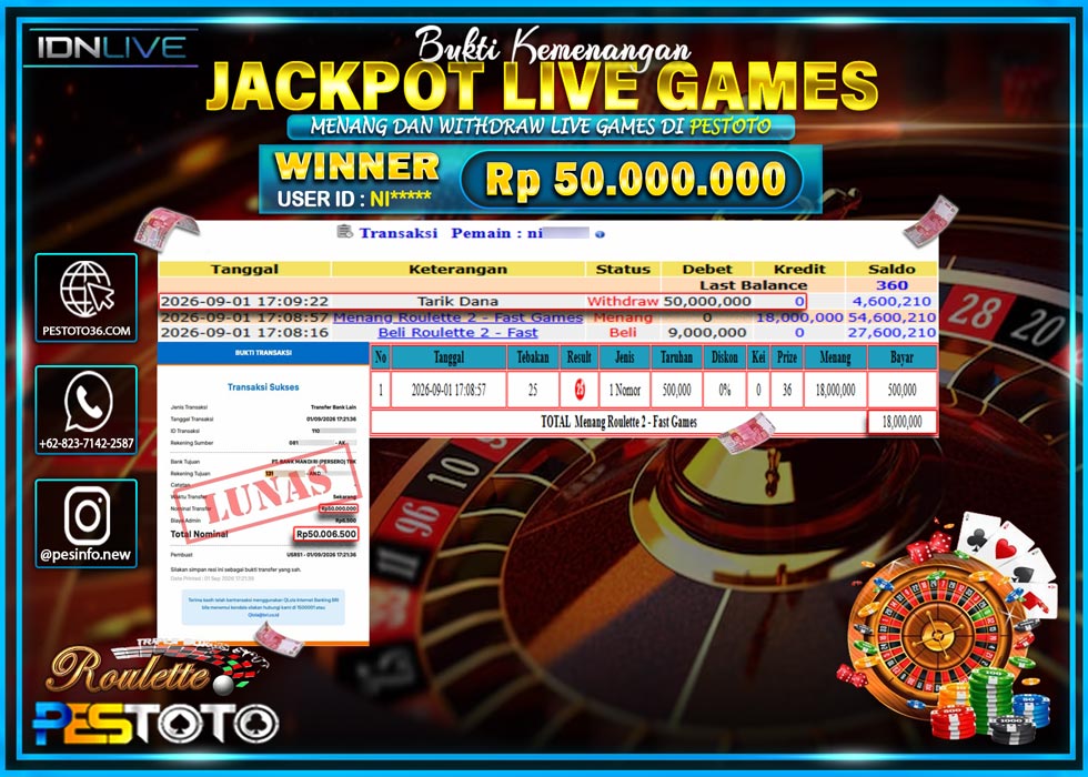 HANYA DI PESTOTO JP PASTI DI BAYAR LUNAS DAN CEPAT!! JP LIVE GAMES { MENANG ROULETTE 2 - FAST GAMES } RP 50.000.000 !!!