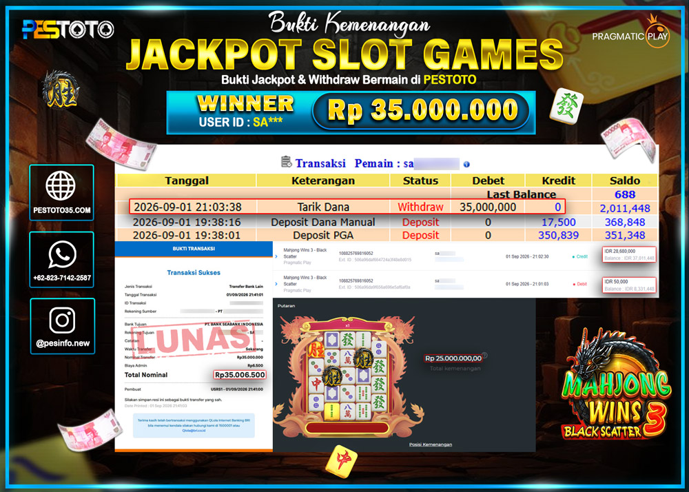 HANYA DI PESTOTO JP PASTI DI BAYAR LUNAS DAN CEPAT!! JP SLOT GAMES { MAHJONG WINS 3 BLACK SCATTER } RP 35.000.000 !!!