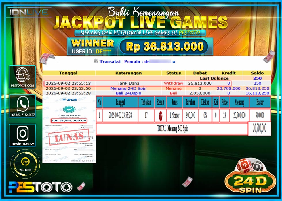 HANYA DI PESTOTO JP PASTI DI BAYAR LUNAS DAN CEPAT!! JP LIVE GAMES { 24D SPIN } RP 36.813.000 !!!