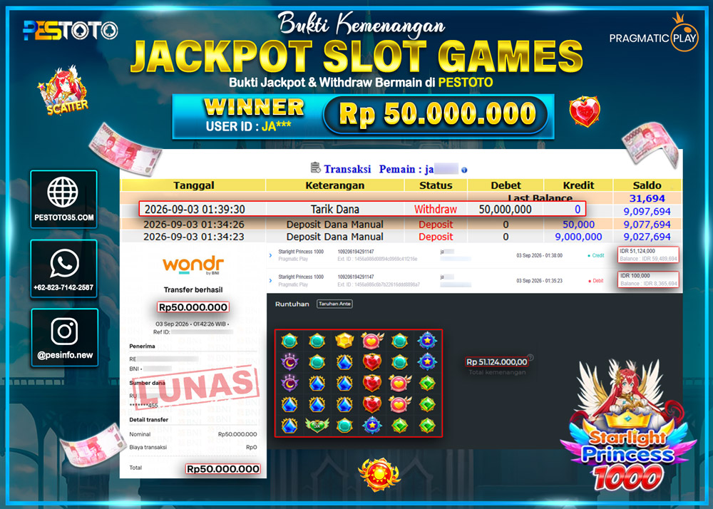 HANYA DI PESTOTO JP PASTI DI BAYAR LUNAS DAN CEPAT!! JP SLOT GAMES { STARLIGHT PRINCESS 1000 } RP 50.000.000 !!!