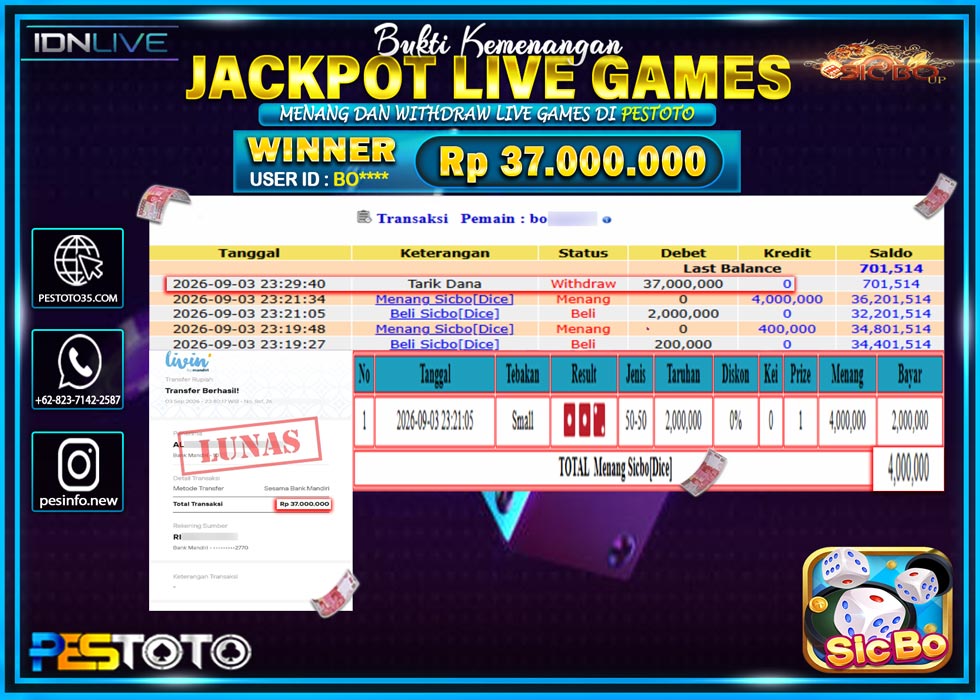 HANYA DI PESTOTO JP PASTI DI BAYAR LUNAS DAN CEPAT!! JP LIVE GAMES { SICBO DICE } RP 37.000.000 !!!
