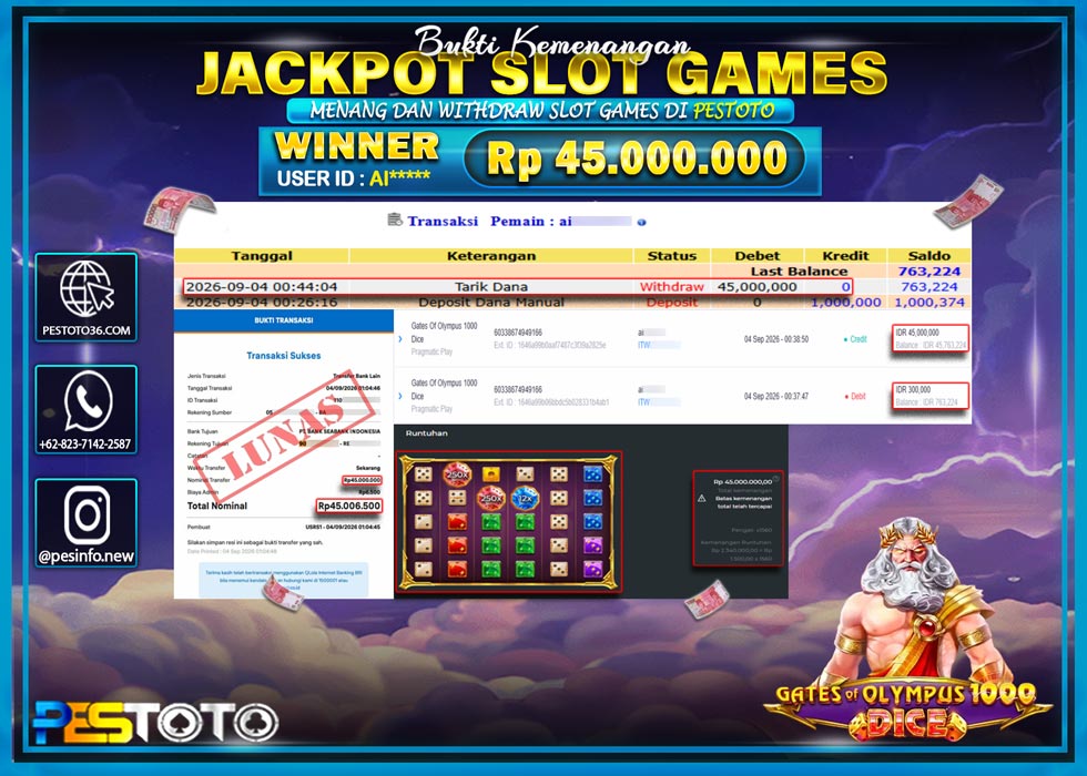 HANYA DI PESTOTO JP PASTI DI BAYAR LUNAS DAN CEPAT!! JACKPOT SLOT GAMES  { GATES OF OLYMPUS 1000 DICE  } RP 45.000.000 !!!