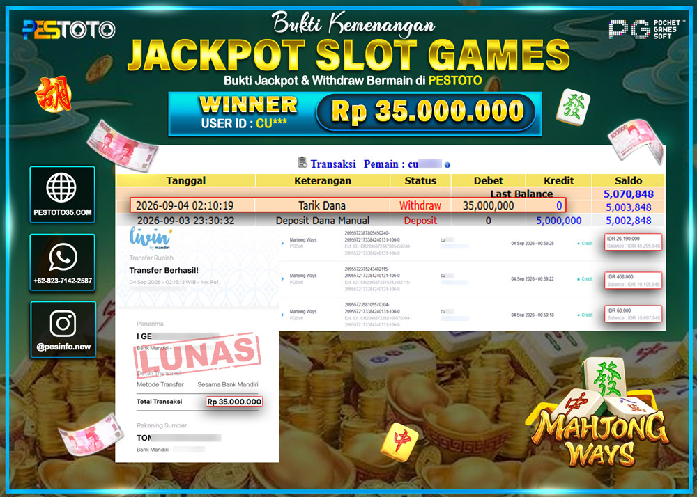 HANYA DI PESTOTO JP PASTI DI BAYAR LUNAS DAN CEPAT!! JP SLOT GAMES { MAHJONG WAYS } RP 35.000.000 !!!
