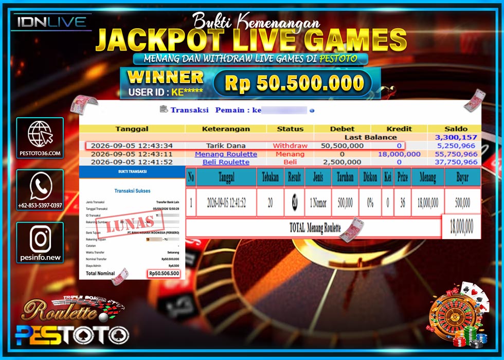 HANYA DI PESTOTO JP PASTI DI BAYAR LUNAS DAN CEPAT!! JP LIVE GAMES { ROULETTE } RP 50.500.000!!!