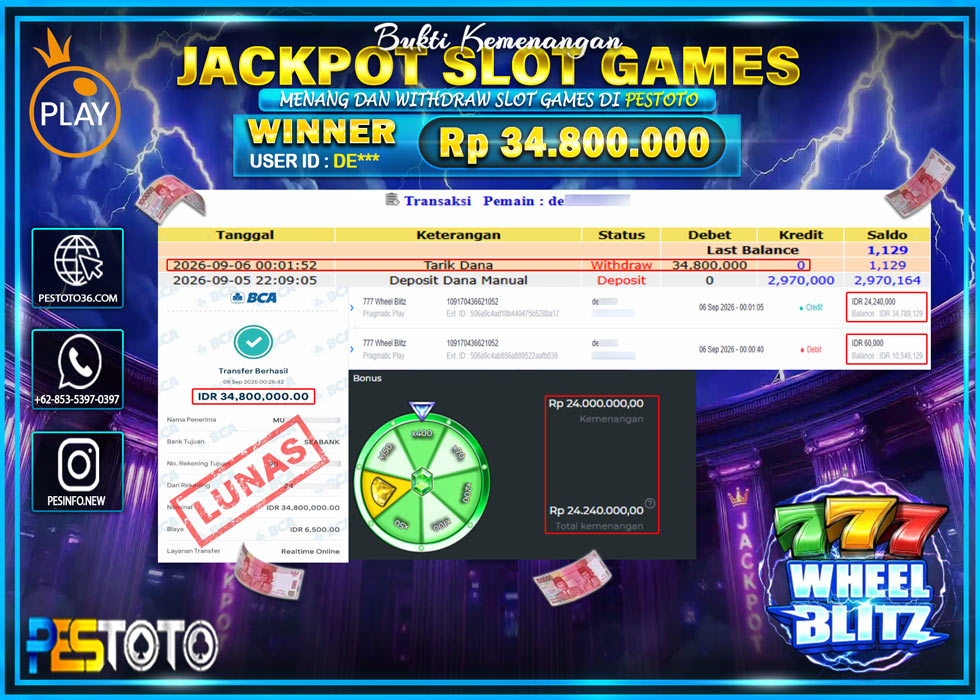 HANYA DI PESTOTO JP PASTI DI BAYAR LUNAS DAN CEPAT!! JP SLOT GAMES { 777 WHEEL BLITZ  } RP 34.800.000 !!!