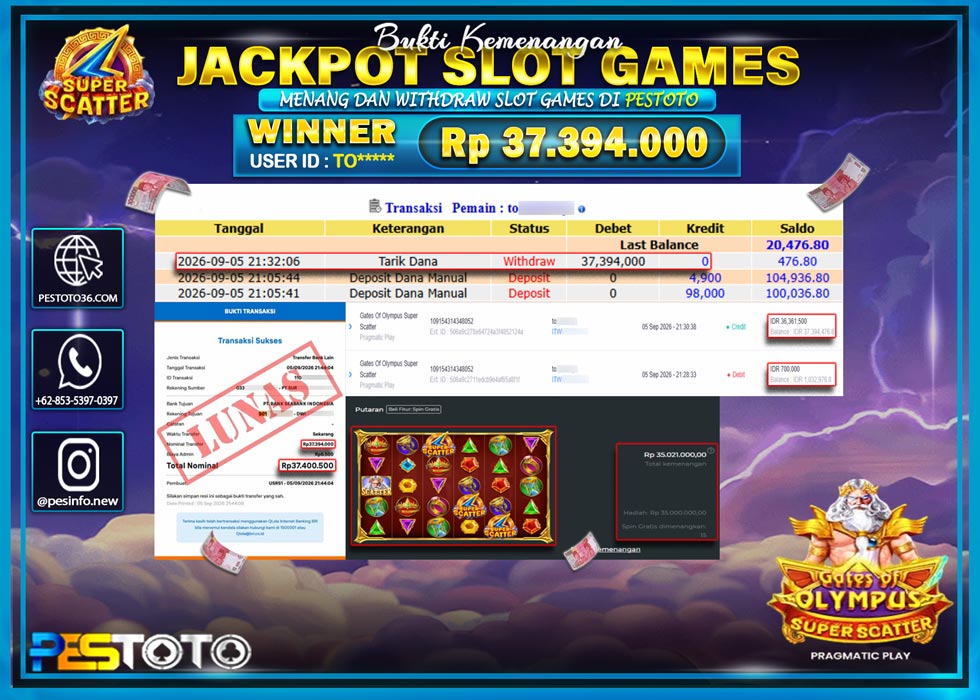 HANYA DI PESTOTO JP PASTI DI BAYAR LUNAS DAN CEPAT!! JP SLOT GAMES { GATES OF OLYMPUS SUPER SCATTER } RP 37.394.000!!!