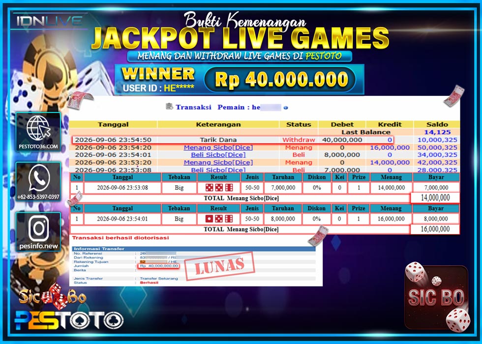 HANYA DI PESTOTO JP PASTI DI BAYAR LUNAS DAN CEPAT!! JP LIVE GAMES { SICBO DICE } RP 40.000.000 !!!