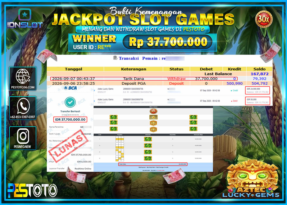 HANYA DI PESTOTO JP PASTI DI BAYAR LUNAS DAN CEPAT!! JP SLOT GAMES { AZTEC LUCKY GEMS } RP 37.700.000 !!!