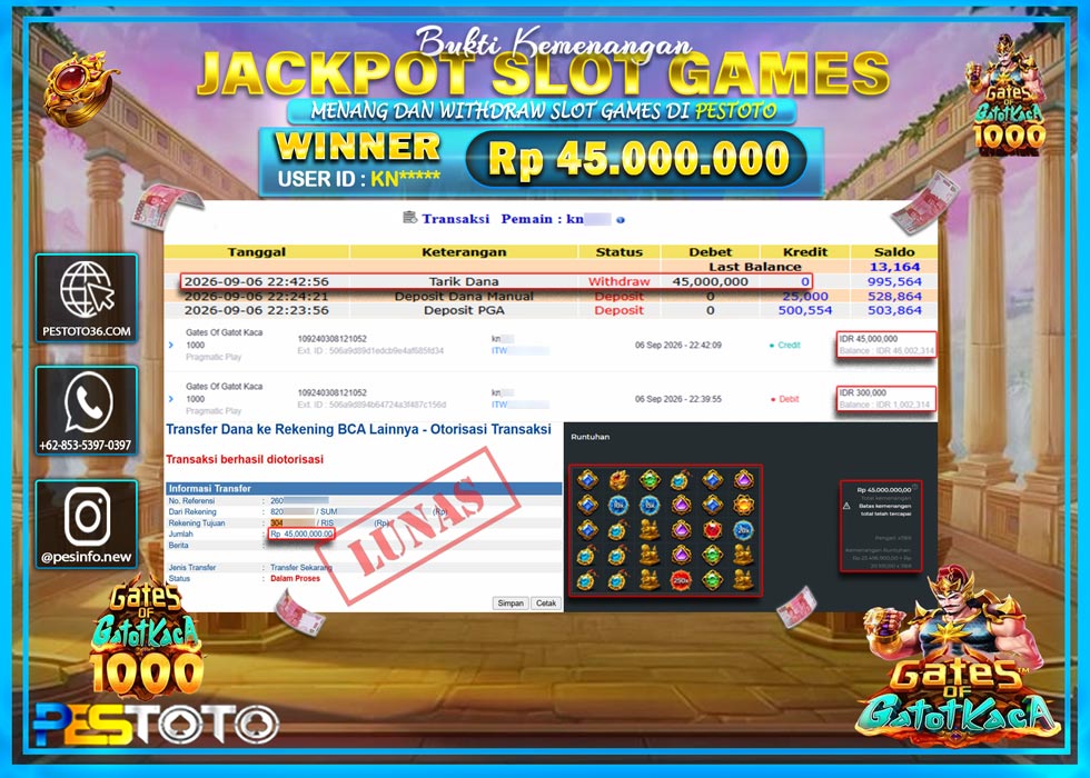 HANYA DI PESTOTO JP PASTI DI BAYAR LUNAS DAN CEPAT!! JP SLOT GAMES { GATES OF GATOT KACA 1000  } RP 45.000.000 !!!