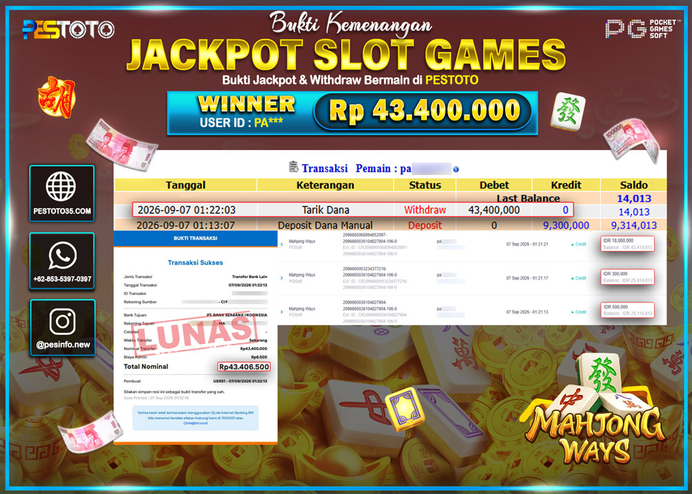 HANYA DI PESTOTO JP PASTI DI BAYAR LUNAS DAN CEPAT!! JP SLOT GAMES { MAHJONG WAYS } RP 43.400.000 !!!