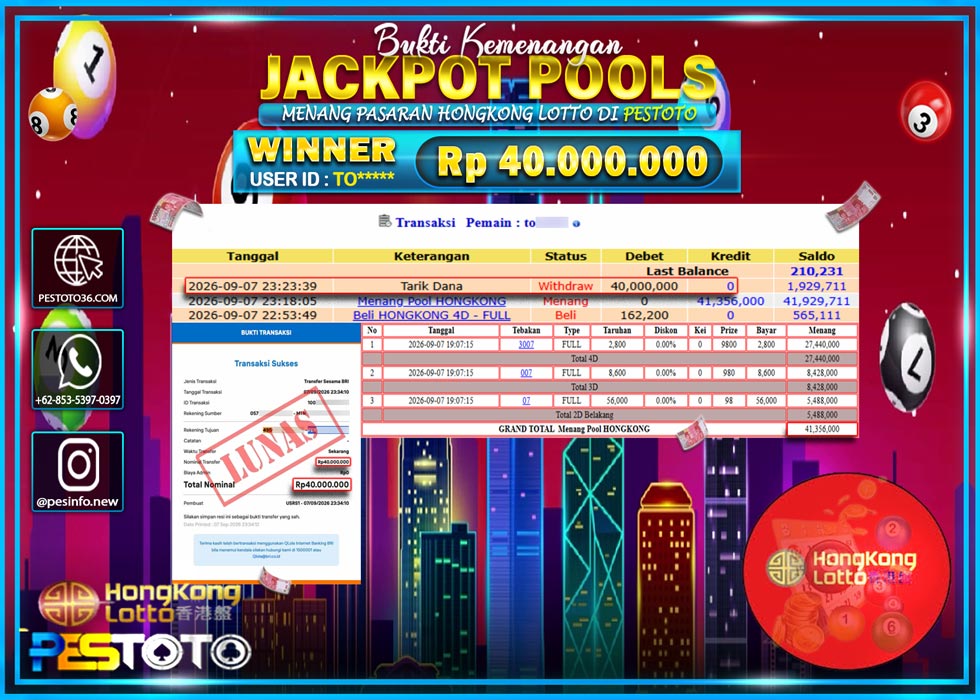HANYA DI PESTOTO JP PASTI DI BAYAR LUNAS DAN CEPAT!! JP TOGEL { HONGKONG LOTTO } RP 40.00.000 !!!
