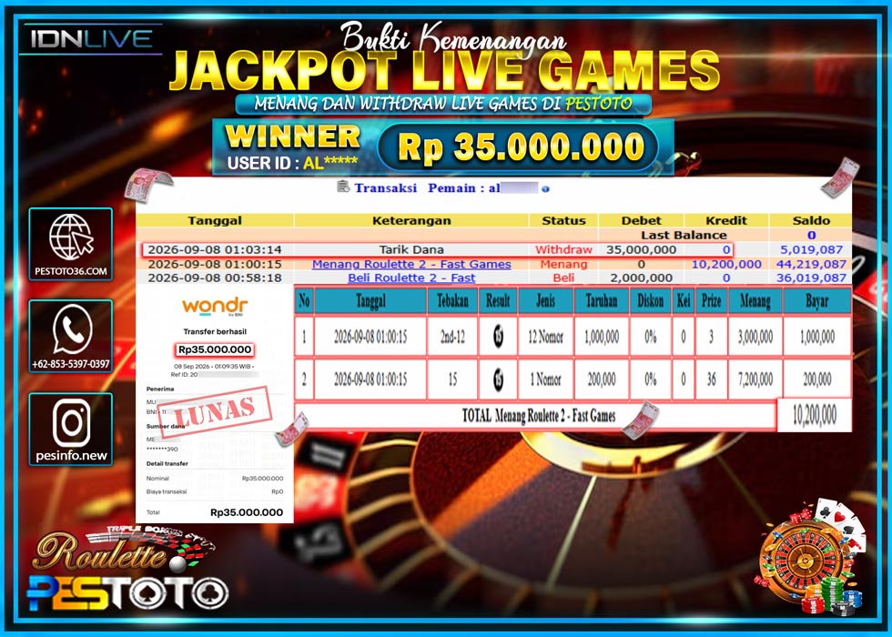 HANYA DI PESTOTO JP PASTI DI BAYAR LUNAS DAN CEPAT!! JP LIVE GAMES { ROULETTE } RP 35.000.000 !!!