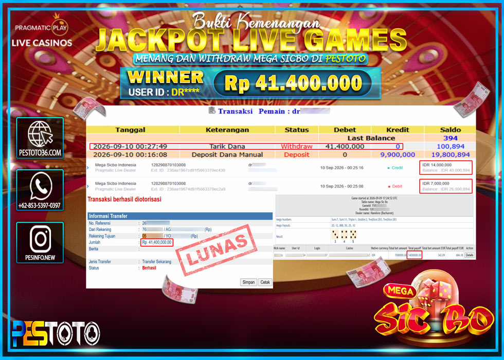 HANYA DI PESTOTO JP PASTI DI BAYAR LUNAS DAN CEPAT!! JP LIVE GAMES { MEGA SICBO INDONESIA } RP 41.400.000 !!!
