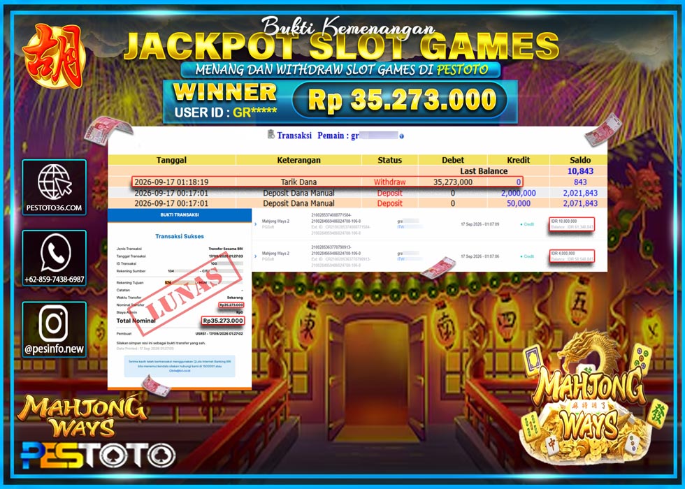 HANYA DI PESTOTO JP PASTI DI BAYAR LUNAS DAN CEPAT!! JP SLOT GAMES { MAHJONG WAYS 2 } RP 35.273.000 !!!