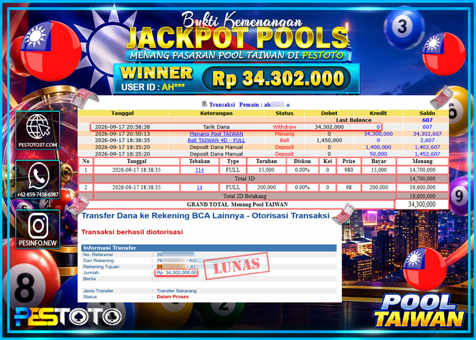 HANYA DI PESTOTO JP PASTI DI BAYAR LUNAS DAN CEPAT!! JP TOGEL { POOL TAIWAN } RP 34.302.000 !!!